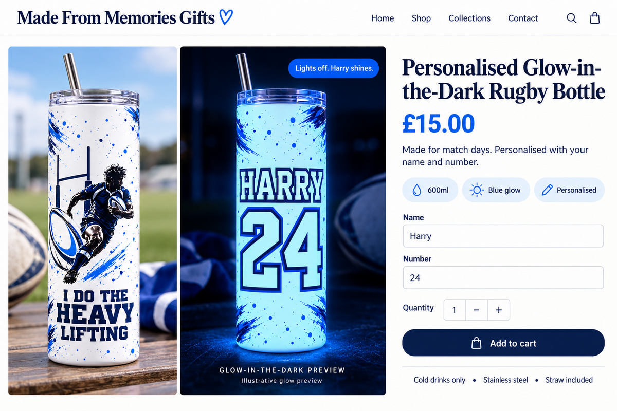 Personalised Glow-in-the-Dark Tumbler — £15 ( Available in Blue & Green glow )