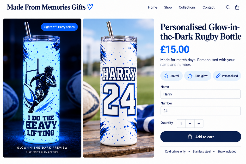 Personalised Glow-in-the-Dark Tumbler — £15 ( Available in Blue & Green glow )